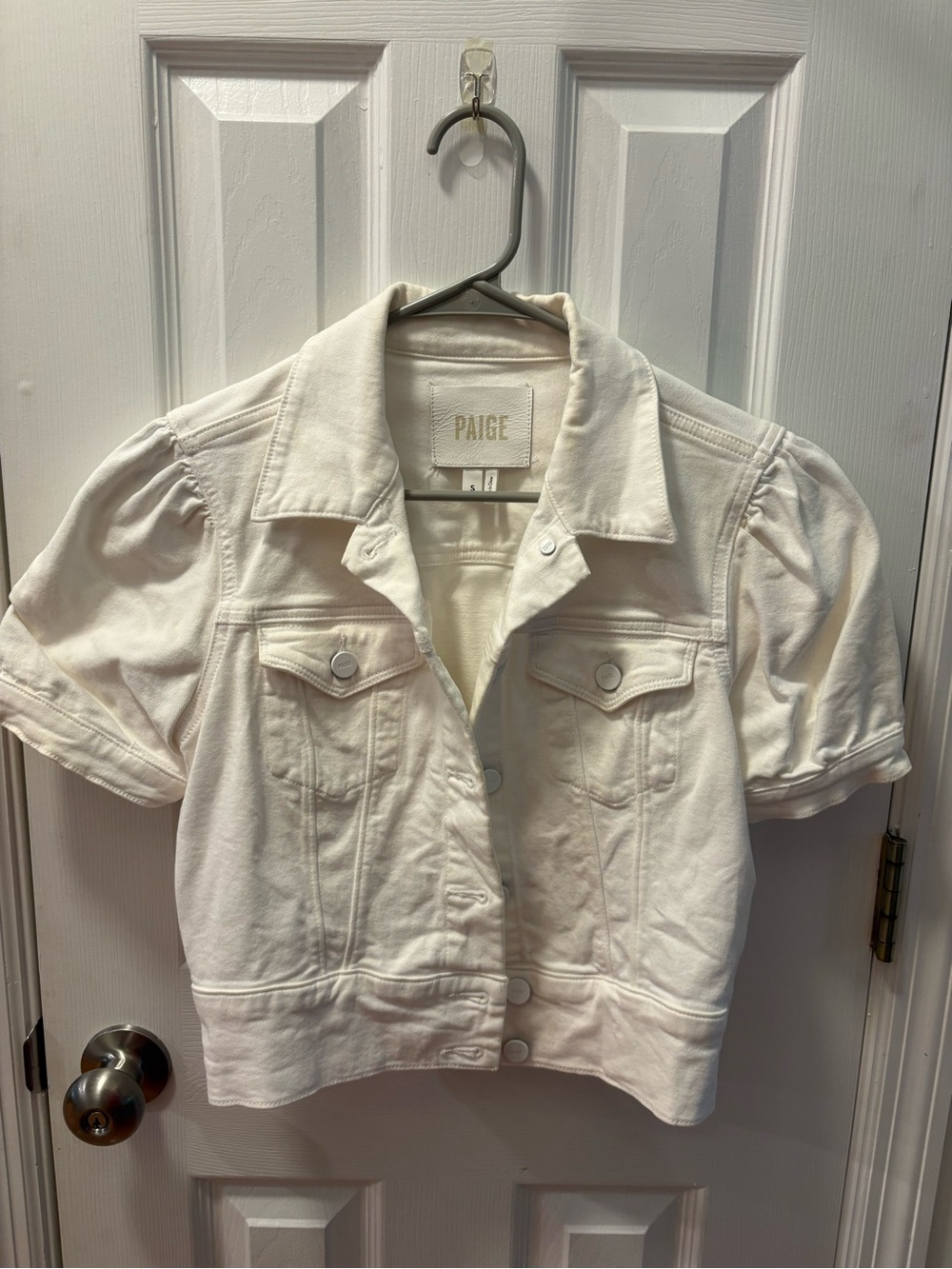 PAIGE White Puff-Sleeve Cropped Denim Jacket